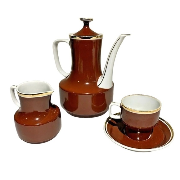 𝅺VINTAGE Hollohaza Hungarian Porcelain Red Brown Gold Trim Coffee Service Set 3 - Picture 1 of 4